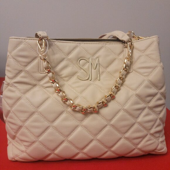 Steve Madden Quilted Beige Handbag with Gold Chain & Monogram - Picture 1 of 7